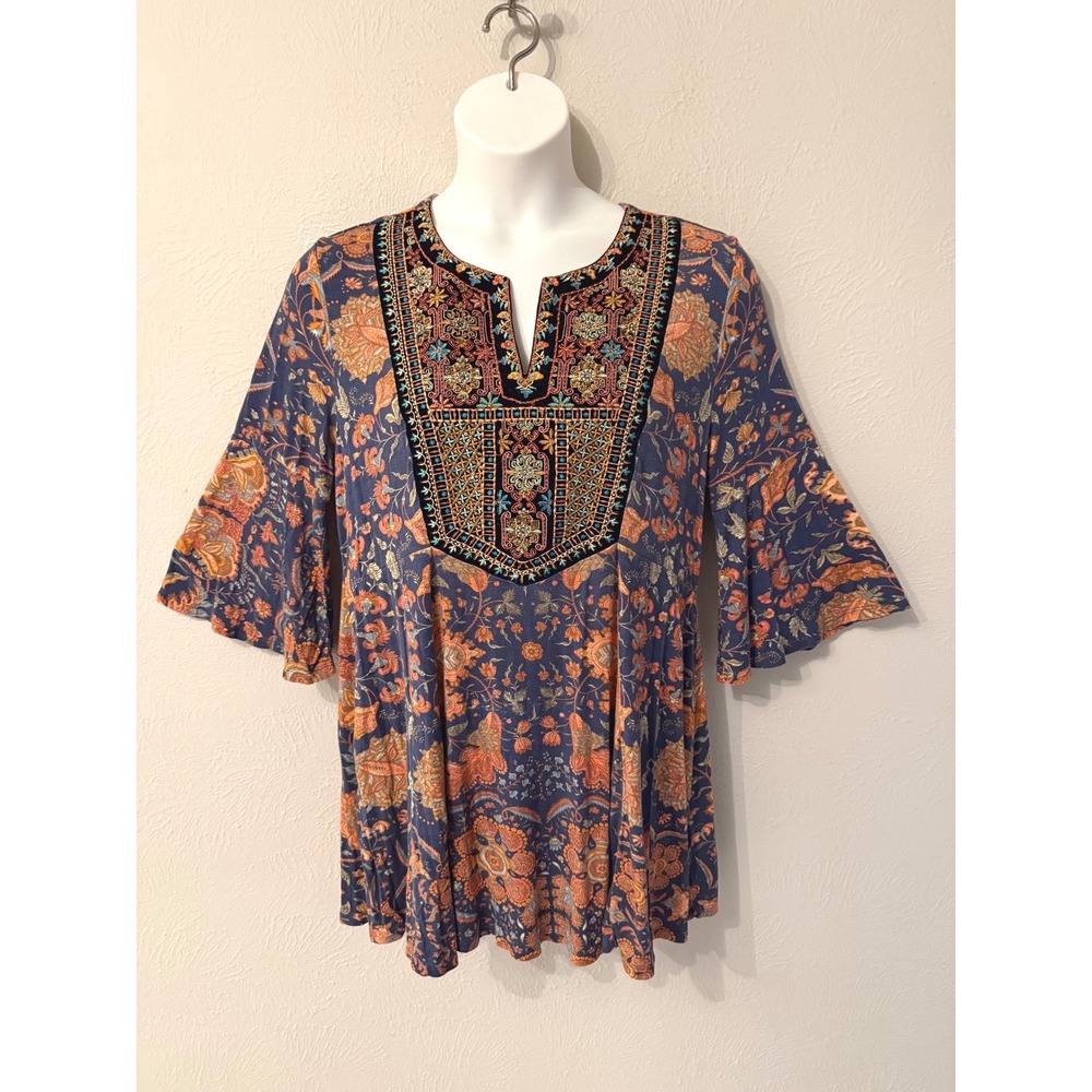 Soft Surroundings XL Floral Tunic Top Embroidered Velvet Bib Bell Sleeve Blue